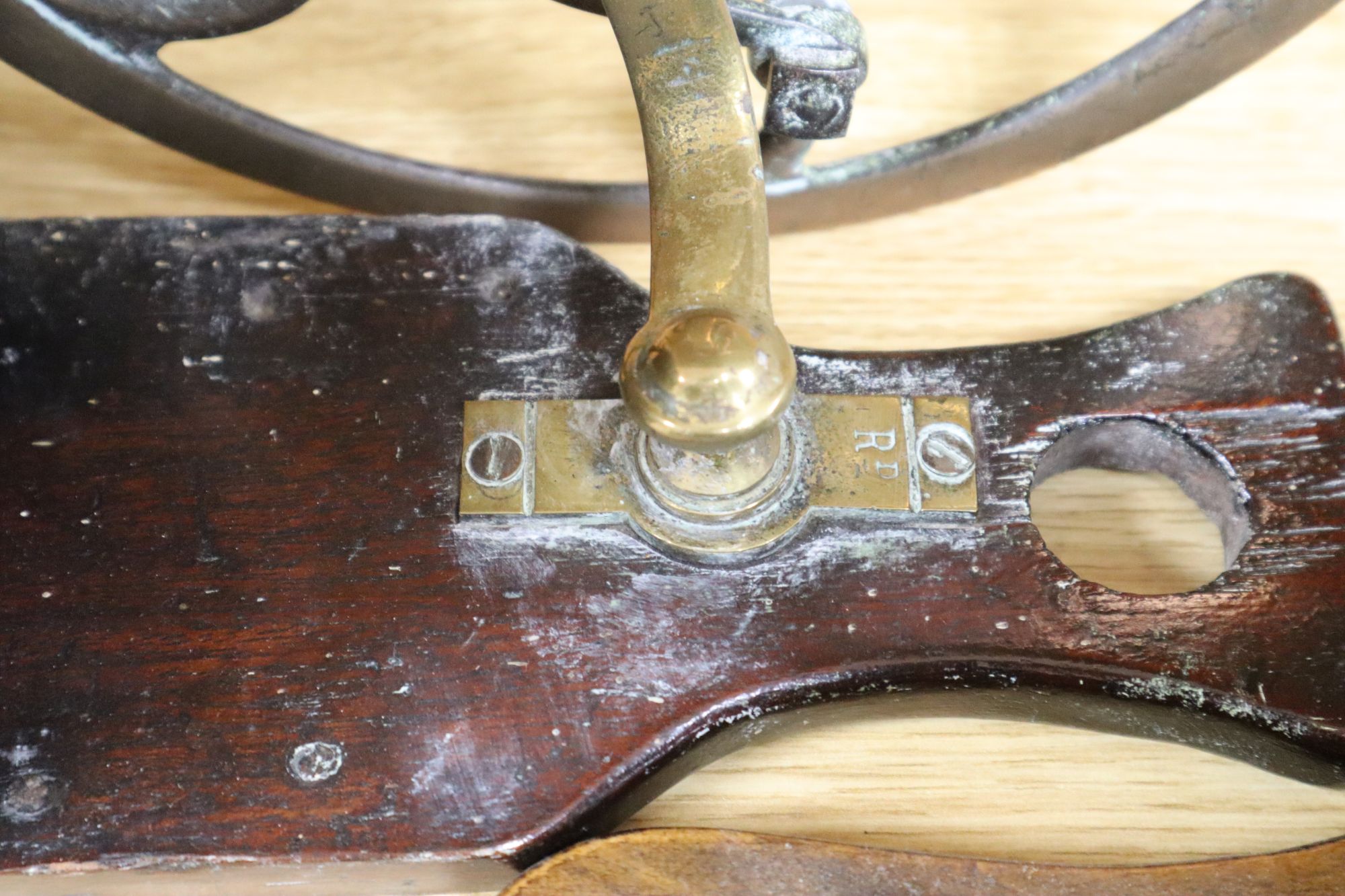Two 19th century brass mechanical wheel bellows, length 70cm